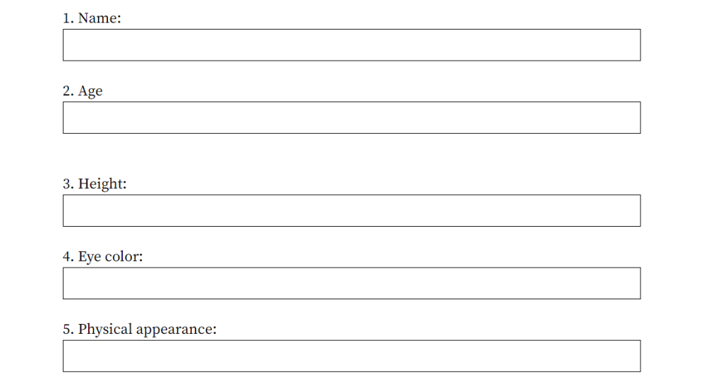 NaNoWriMo's Character Questionnaire is super helpful to us writers to tend to struggle with remembering important aspects of our characters.