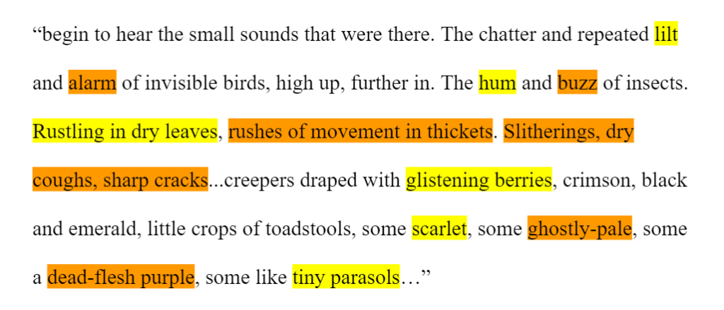 Here's a highlighted breakdown of the passage on page 12 of A.S. Byatt's Little Black Book of Stories (from "The Thing in the Forest") showing juxtaposition between beauty and revulsion.