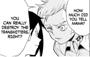Norman confronts Ray. Manga panel from chapter 13 of The Promised Neverland (Kaiu Shirai and Posuka Demizu).