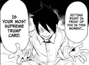 Ray scares the crap out of everyone. Manga panel from The Promised Neverland (Kaiu Shirai and Posuka Demizu).