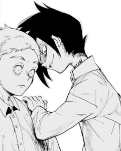 Ray threatens Norman. Manga panel from The Promised Neverland (Kaiu Shirai and Posuka Demizu).