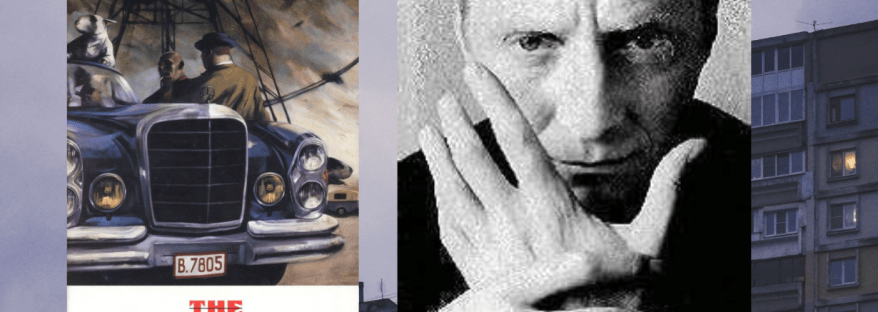 A picture of author Jonathan Carroll next to his book, The Panic Hand.